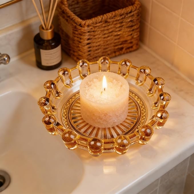 Glass Candle Holder Tray – Decorative Bubble Candle Dish for Home Decor Jewelry Holder Dish Tea Light & Votive Display Glass Plate Accessory