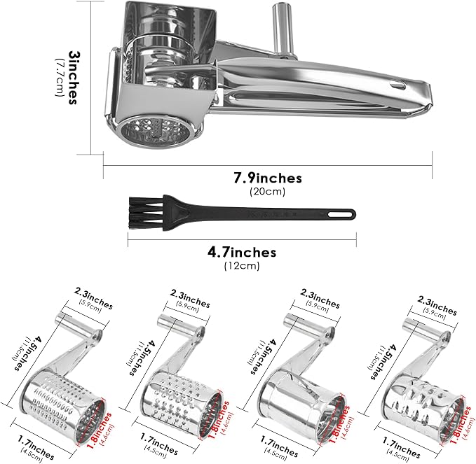 Stainless Steel Rotary Cheese Grater, Manual Hand Crank Shredder Slicer with 4 Drums, Handheld Kitchen Tool for Hard Cheese, Chocolate, Nuts