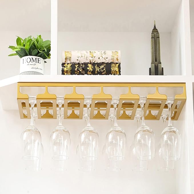 Wine Glass Holder Under Cabinet, Gold Metal Wine Glass Hanger, Hanging Stemware Rack with Screws for Bar Kitchen (Color : C, Size : 24inch/61cm)