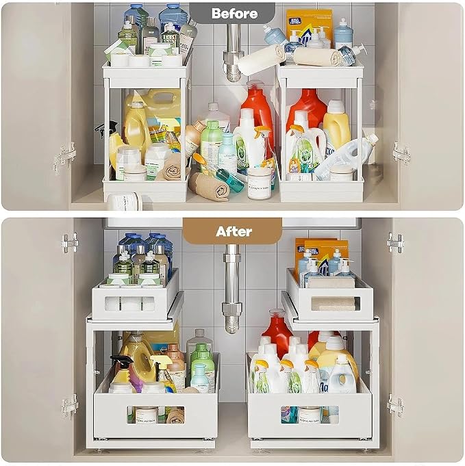 2 Pack 18.5IN-Depth Under Sink Organizer With Next-Gen Ball-Bearing Slides,2-Tier Pull Out Cabinet Storage,Height Adjustable Drawer Shelf for Bathroom,Kitchen,Laundry,Cabinet,Pantry-White