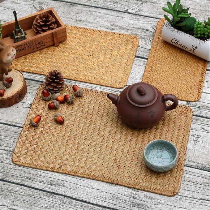 Natural Woven Rattan Rectangular Placemats Seagrass Place Mats for Dining Table, 18x12inches Set of 4