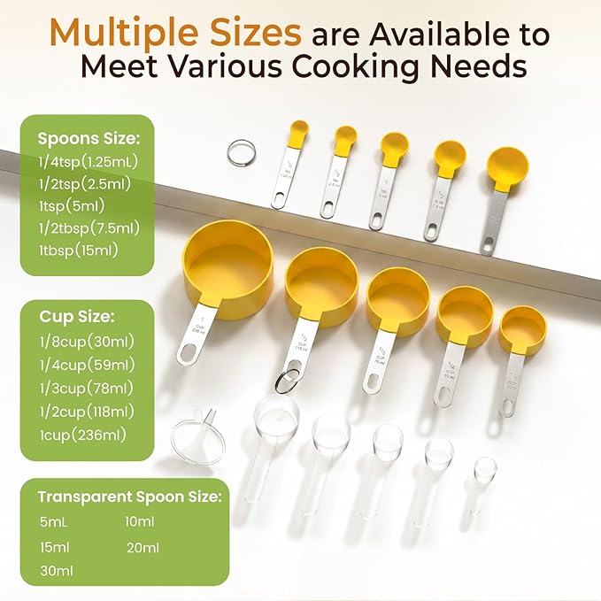 16PCS Measuring Cups and Spoons Set, Measuring Spoon Set with Metric and US Measurements, Fits for Measuring Dry and Liquid (Yellow)