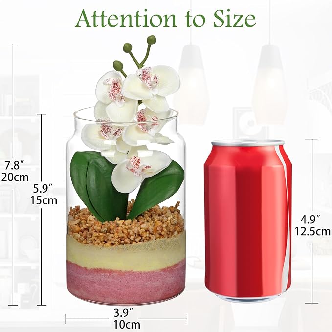 White Orchids Artificial Flowers with Vase, Small Faux Orchid Arrangement Fake Orchids Plant in Terrarium Jar Small White Orchid Centerpieces for Kitchen Dining Room Tables Bathroom Nightstand Decor