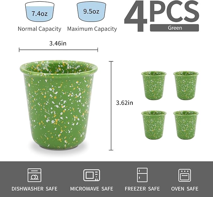Coffee Cups 10oz Set of 4, Ceramic Coffee Mugs with No Handle for Tea, Latte, Cappuccino, Mocha, Cocoa, Stackable, Drip-Free, Lead-Free, Microwave and Dishwasher Safe, Green