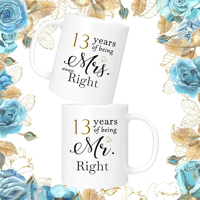 13th Anniversary Coffee Mugs Set of 2, 13 Year Anniversary Wedding Gifts Decorations for Couple Parents Men Women Husband Wife Him Her, Gift Box Packaging, 11oz
