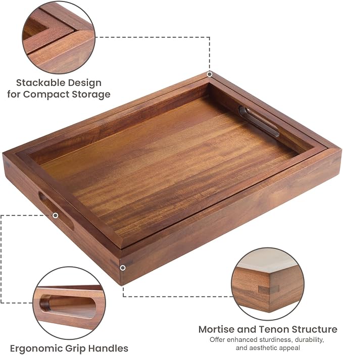 Acacia Wood Serving Trays Set of 2, 17x13 & 16x12 inch Rectangular Ottoman Trays, Decorative Wooden Trays with Handles for Food, Coffee, Tea, Living Room, Kitchen(2 Pack, Brown, 17"+16")