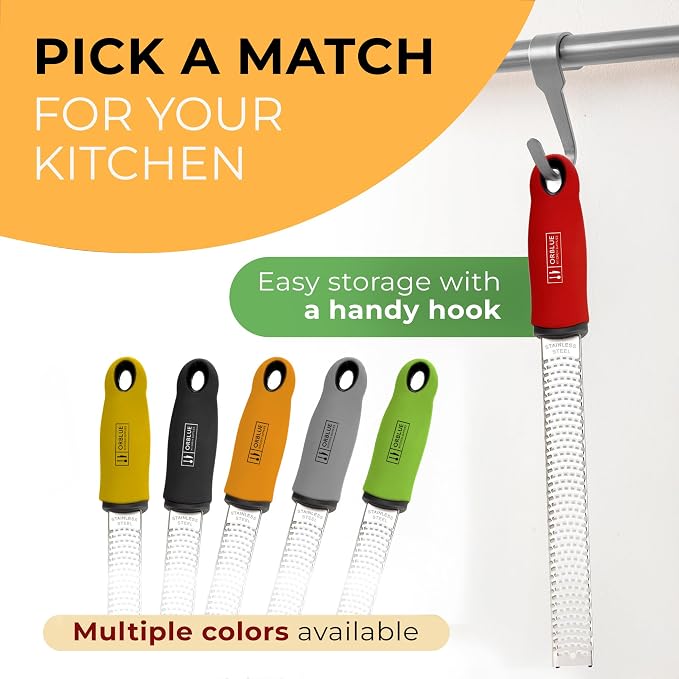 Orblue Lemon Zester & Cheese Grater - Premium Citrus Zester, Kitchen Grater for Parmesan, Chocolate, Fruits, Vegetables, Ginger, Garlic, Nutmeg - Stainless Steel Blades with Protective Cover, Red