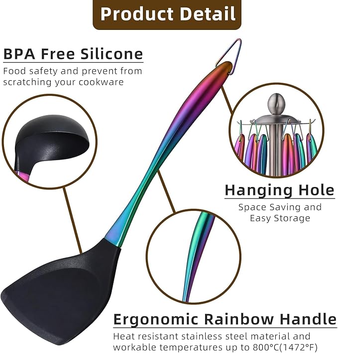 Silicone Cooking Utensil Set,6 pcs Silicone Cooking Kitchen Utensils Set,Non-stick Kitchen Cookware Titanium Stainless Steel Handle with Utensil Holder,Spatula Set for Cooking-Rainbow Color