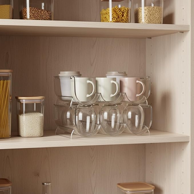 Clear Stackable Cup Organizer Bin, Vertical Storage Container for Kitchen Cabinets & Pantry, Durable PP Plastic
