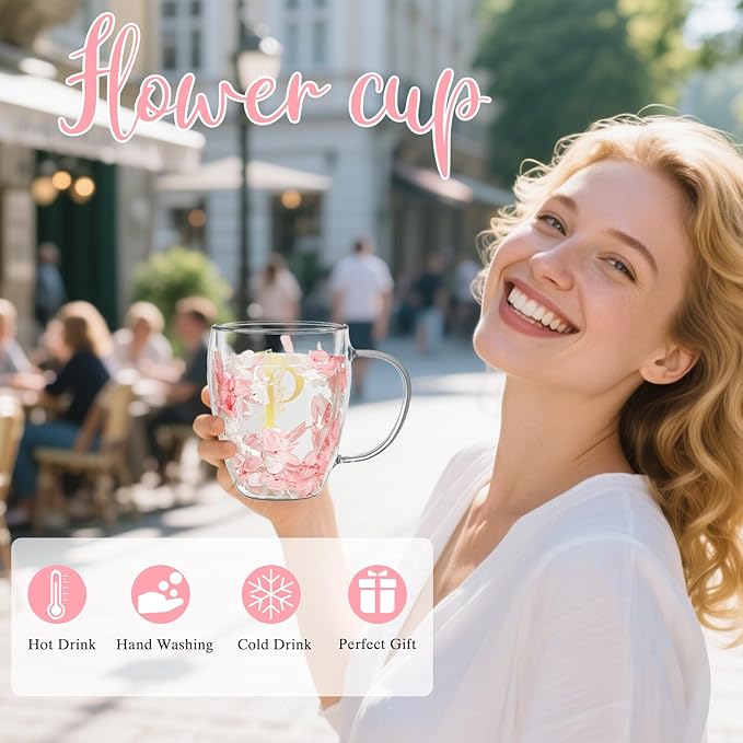 Personalized Gifts for Women Flower Glass Coffee Mug Initial Tea cup Monogrammed Customized Bridesmaid Bride Wedding Gifts Graduation Gifts Valentine Mother's Day Birthday Christmas Gift (P)