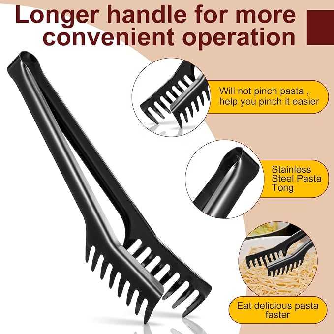 Patelai Stainless Steel Spaghetti Spoon and Pasta Tongs Set, Long Handle Noodle Server Tools with Drain Holes, Non-slip Grip for Cooking, Serving Pasta and Noodles(Black)