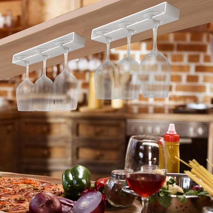 Wine Glass Holder, 2 Pack, No Drilling Required, Hanging Stemware Rack Organizer for Bar Cabinet Kitchen, White