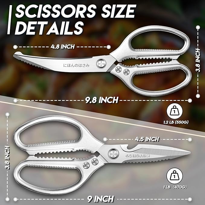 TIJERAS Kitchen Scissors Set Silver - Stainless Steel Kitchen Shears, Sharp Meat Scissors Dishwasher Safe, Heavy Duty Poultry Shears, Japanese Cooking Scissor for Food, Chicken, Gifts for Women