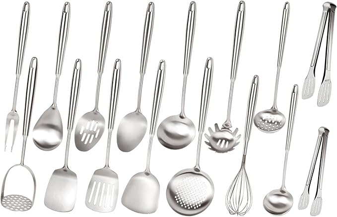 304 Stainless Steel Cooking Utensils Set, 16PCS Stainless Steel Kitchen Utensils Set, Metal Kitchen Utensils Set Include Meat Fork, Tongs, Turner, Soup Ladle, Dishwasher Safe