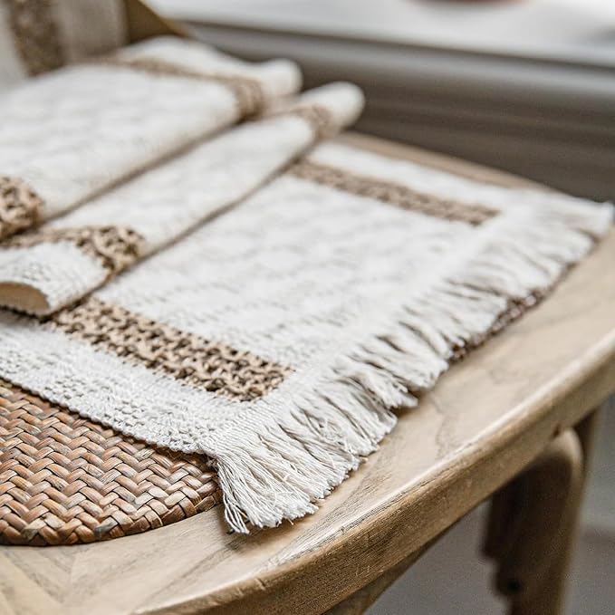 Niviy Boho Placemats Set of 8, 12x18 Inch Natural Cotton Burlap and Kitchen Woven Placemats with Tassels for Dining Table Centerpiece Thanksgiving Home Decorations