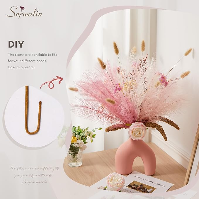 Serwalin 60 Pcs Pampas Grass, 17.7" Pink Pampas Grass Decor, Faux Pampas Grass Home Decoration Wall Decor Vase Filler for Wedding Centerpieces Party Decorations, Pink Valentines Decor
