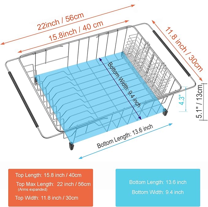 iPEGTOP Expandable Dish Drying Rack Over Sink, Rustproof Stainless Steel Basket Shelf, Multifunctional Dish Drainer Organizer with Utensil Cutlery Holder