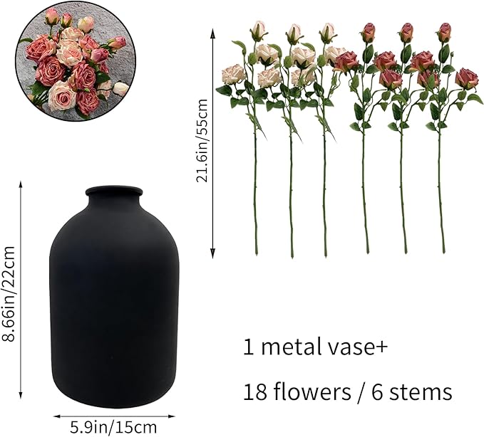 Artificial Flowers with Matte Black Metal Vase, 18 Heads Silk Roses,Faux Flowers for Centerpieces,Modern Farmhouse Decor Home Decor, Tabletop Decorations for Party, Kitchen Dining Coffee Table Decor