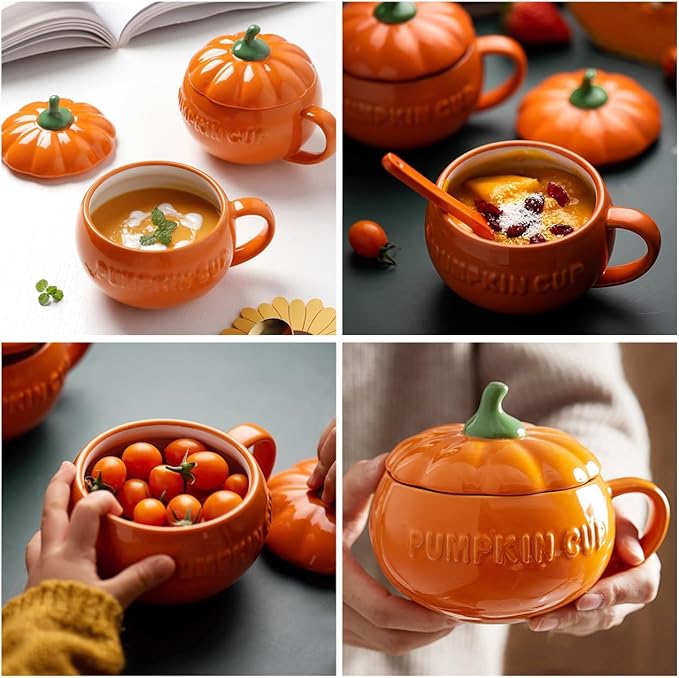 DOITOOL Halloween Pumpkin Mugs Set of 2 Ceramic Coffee Cups with Handle 5.31 Inch Pumpkin Shape Mugs for Coffee Milk and Hot Drinks
