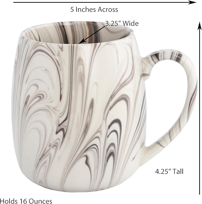 Lorren Home Trends Marble Pattern Stoneware Coffee Mugs, Brown and White Swirl Design, Set of 4