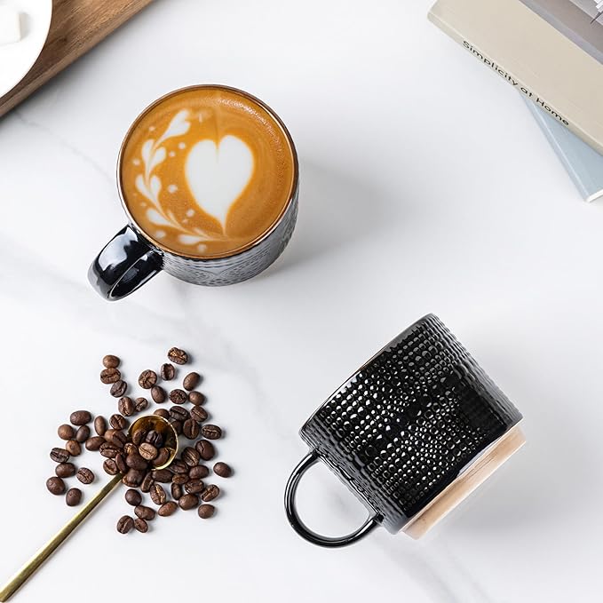 GBhome 12OZ Stackable Coffee Mugs, Ceramic Coffee Mugs with Texture Patterns for Man,Woman,Dad,Mom, Modern Coffee Mugs Set of 4 for Latte/Cappuccino/Cocoa. Dishwasher&Microwave Safe
