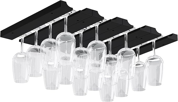 Rustic State Vigo 4 Sectional Adjustable Under Cabinet Mount Wood Stemware Rack Hanging Shelf Glassware Holder Bar Organizer with up to 12 Wine Glass Storage 12 Inch Deep Black