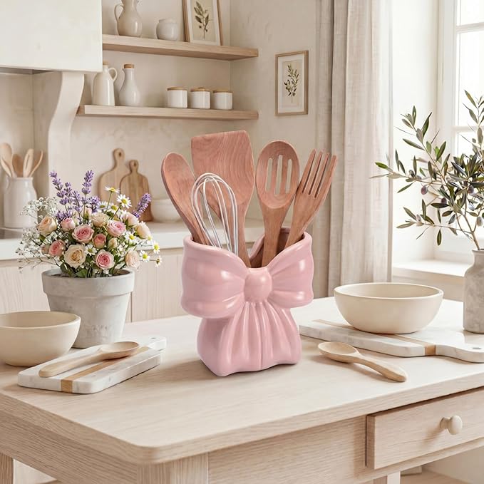 Hushee Pink Bow Ceramic Utensil Holder Cute 3D Coquette Utensil Crock 5.9" Modern Kitchen Counter Organizer Decorative Flower Vase for Home Decor Housewarming Gift