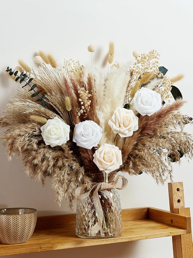 Wracra 100pcs Artificial Flowers in Vase, Fake Flowers Arrangement with Vase, Dried Pampas Grass Floral Centerpieces for Home Office Decoration, Farmhouse Kitchen Dining Table Decor