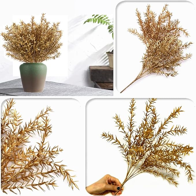 CATTREE Christmas Artificial Plants, Plastic Grass Faux Shrubs Fake Leaves Simulation Sharp Bushes Home Indoor Outdoor Garden Wedding Festival Decoration Hall Table Planter Filler – Gold 4 Pack