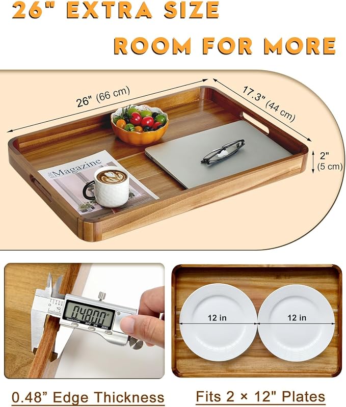 26" x 17" Acacia Wood Serving Tray with Handles & Rounded Corners | Huge Rectangular Wooden Ottoman Tray for Living Room, Kitchen, Coffee Table, Food Serving