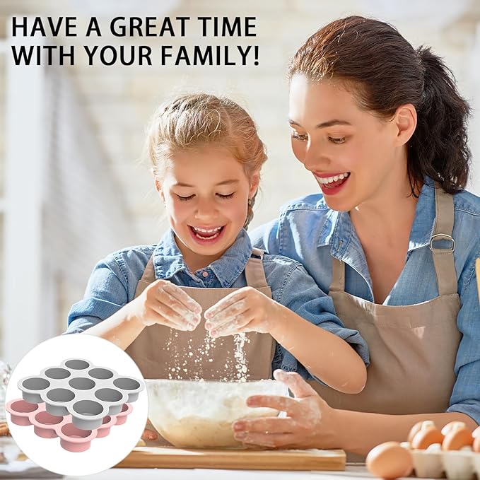 Uudimee Silicone Muffin Pan -9cups Mini Muffin Pan Non-Stick Silicone Mold, 2Pcs Silicone Mini Muffin Pan Is Perfect For Muffins, Cakes, Tarts, Breads, Dishwasher Safe-9Cups (Pink + Gray)