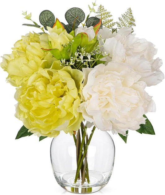 Hollyone Peonies Artificial Flowers Peony Fake Flowers in Vase Silk Flower Arrangements with Glass Vase with Faux Water for Home Decor Bathroom Coffee Table Centerpiece Decorations Green and White