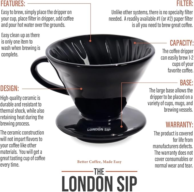 The London Sip Ceramic Coffee Dripper Pour Over Ceramic Coffee Maker, Coffee Slow Brewing Accessories for Home, 1-2 Cup, Black