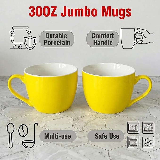 MECOWON 30 OZ Porcelain Coffee Mugs, Set of 2 Large Mugs for Soup, Cereal and Salad (Yellow)