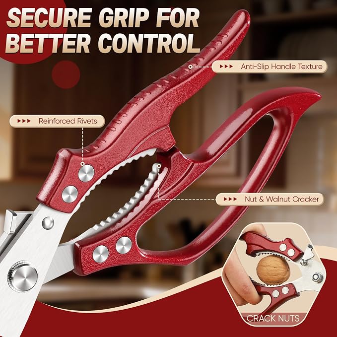Huusk Heavy Duty Kitchen Shears Set – All Purpose Japanese Kitchen Scissors for Chicken, Meat, Fish, Vegetables & Pizza, Poultry Shears with Ergonomic Non-Slip Red Handle, Gifts for Women Men