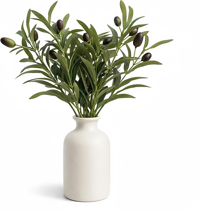 Artificial Olive Branches in Vase, 4 Pcs Faux Olive Stems with Olives 16", Matte White Ceramic Vase 5.7", Farmhouse Dining Table Centerpiece, Kitchen Table Decor