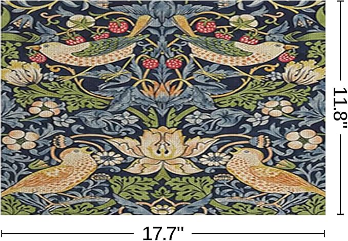 William Morris Placemats Set of 6 Vintage Floral Birds Strawberry Washable Heat Resistant Place Mats for Dining Table Anthropologie Cottagecore Linen Woven Wipeable Table Mats 11.8"X17.7"