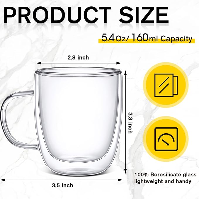 Gerrii Espresso Cups Double Walled Espresso Shot Glass with Handle Cups Insulated Clear Small Shot Glasses for Cappuccino Latte Hot Beverage(5.4 oz,Flat Bottom,12 Pcs)