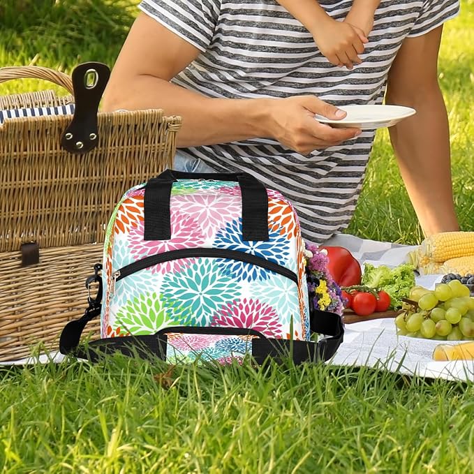 Pardick Colorful Flower Floral Insulated Lunch Bag for Women Girl Reusable Lunch Tote Box With Shoulder Strap Lightweight Thermal Cooler Meal Prep Bag for Work School Office Picnic