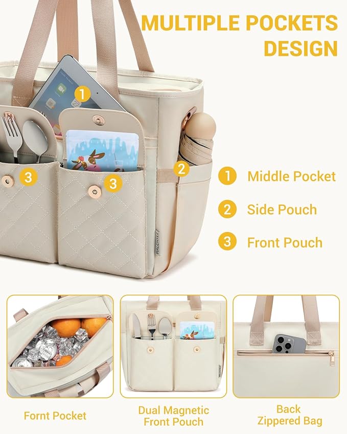 RalChyez Lunch Box for Women, Large Lunch Tote Leakproof Adult Lunch Bag Insulated Lunch Cooler Purse with Storage Pocket for Work Picnic Beach Trip Beige