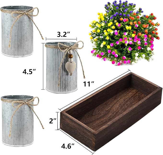 CALAVAK Decorative Centerpiece Wooden Tray with 3 Metal Potted Artificial Milan Flowers Rustic Country Farmhouse Décor for Dining Room, Living Room and Kitchen Table