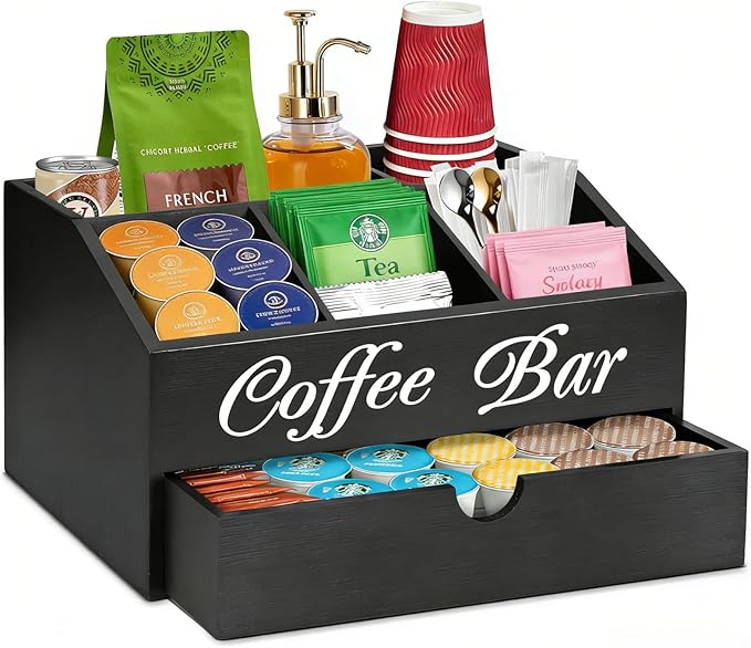 Coffee Station Organizer - Double Layer with Drawers, Country Style Coffee Bar Organizer, Farmhouse Coffee Capsule Storage Basket, Natural Solid Wood Material(Black Double Layer)