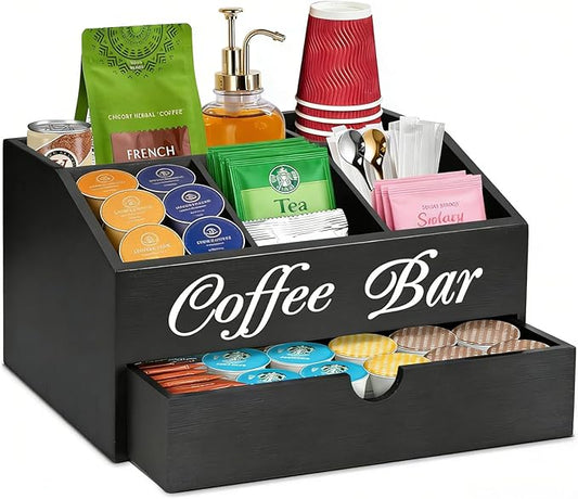 Coffee Station Organizer - Double Layer with Drawers, Country Style Coffee Bar Organizer, Farmhouse Coffee Capsule Storage Basket, Natural Solid Wood Material(Black Double Layer)