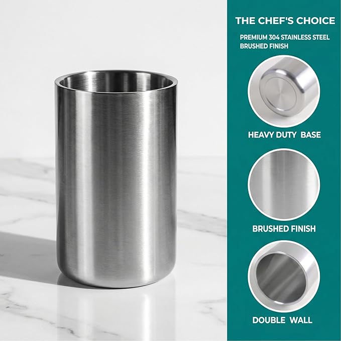 Kitchen Utensil Holder for Countertop, 304 Stainless Steel Double Wall Cooking Tool Caddy, Brushed Finish Spatula Spoon Organizer Crock, Large Capacity, Silver