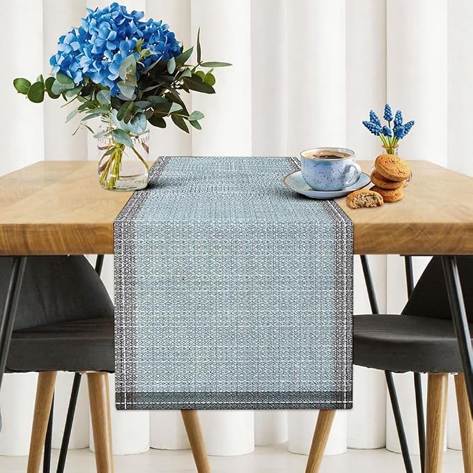 Niviy Blue Grey Ethnic Boho Table Runner, 12x72 Inch Linen Burlap Washable Durable Art Table Runners for Holiday Party Kitchen Dining Room Decoration