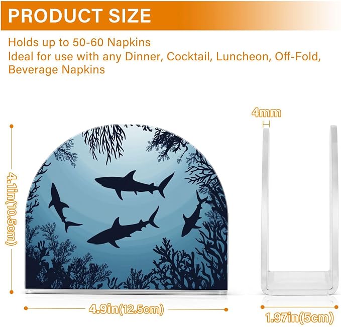 Fustylead Swimming Sharks Ocean Animal Napkin Holder for Table Acrylic Vertical Napkin Holders for Paper Napkins Decor Napkin Dispenser for Home Party Dining Cocktail Kitchen Accessories, 2 Pack