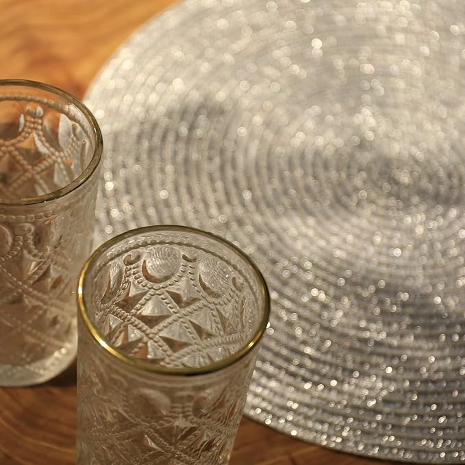 AHHFSMEI Round Placemats Set of 6 Heat Resistant Washable Non-Slip Woven Braided Table Mats for Dining Table Kitchen & Home Decor (Silver Shine)