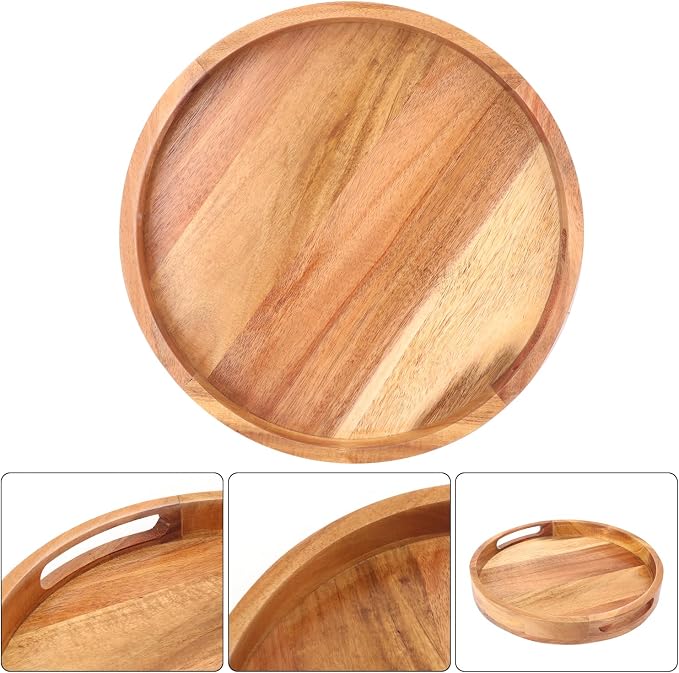 2 PCS Round Serving Acacia Wooden Tray with Handles, Elegant Acacia Wood Tray for Decor, Decorative Serving Tray, Coffee Table Decor for Living Room, Home Dining (12 x 12 x 1.6 inches)