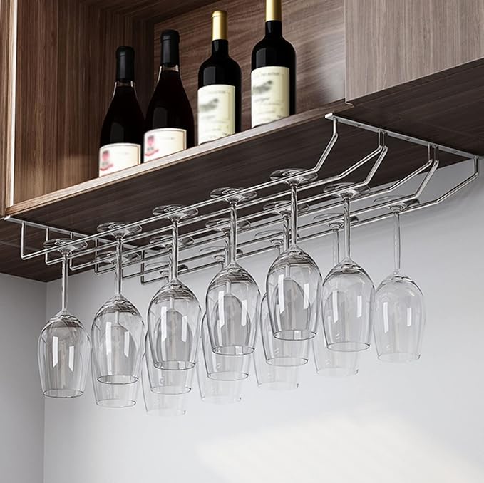 V3VOGUE Wine Glass Rack 11/20/24inch Under Cabinet Wine Glass Holder, Stainless Steel Hanging Stemware Holder, Stemware Storage Drying Rack with Screws, Wall Mounted Hanging Rack Shelf