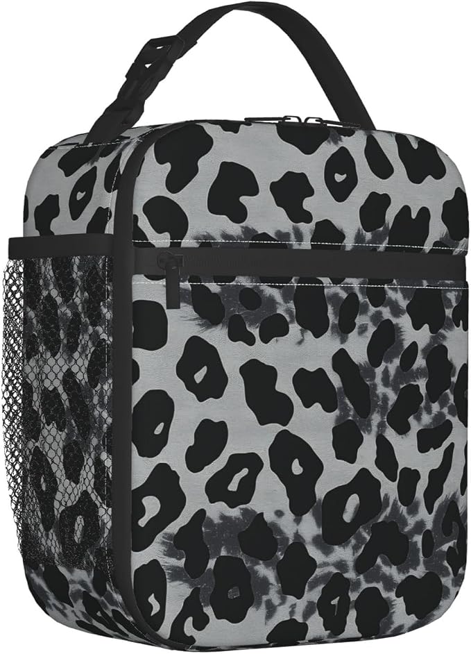 Reusable Leopard Print Lunch Box for Kids Girls Boys Women Adult, Insulated Cheetah Lunch Bag,Polyester Cooler Handbags Case for School Picnic Work Travel Beach or Hiking (Black and Gray)